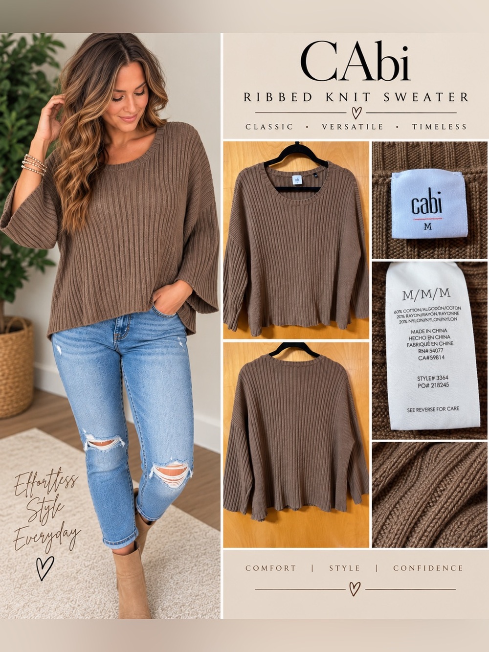 CAbi Ribbed Knit Sweater Brown Taupe Relaxed Fit Size Medium